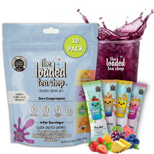 Loaded Tea Shop Energy Drink Mix Sticks, 10 Pack Variety Pack, Zero Sugar, Zero Calories, 200mg Green Tea Caffeine, No Artificial Colors or Flavors, Powder Packets with B Vitamins