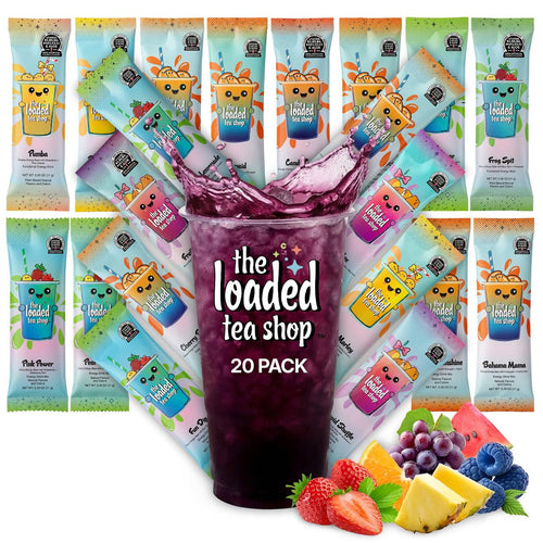 Loaded Tea Shop Energy Drink Mix Sticks, 20 Pack Variety Pack, Zero Sugar, Zero Calories, 200mg Green Tea Caffeine, No Artificial Colors or Flavors, Powder Packets with B Vitamins