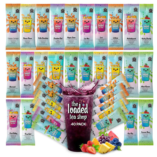 Loaded Tea Shop Energy Drink Mix Sticks, 40 Pack Variety Pack, Zero Sugar, Zero Calories, 200mg Green Tea Caffeine, No Artificial Colors or Flavors, Powder Packets with B Vitamins