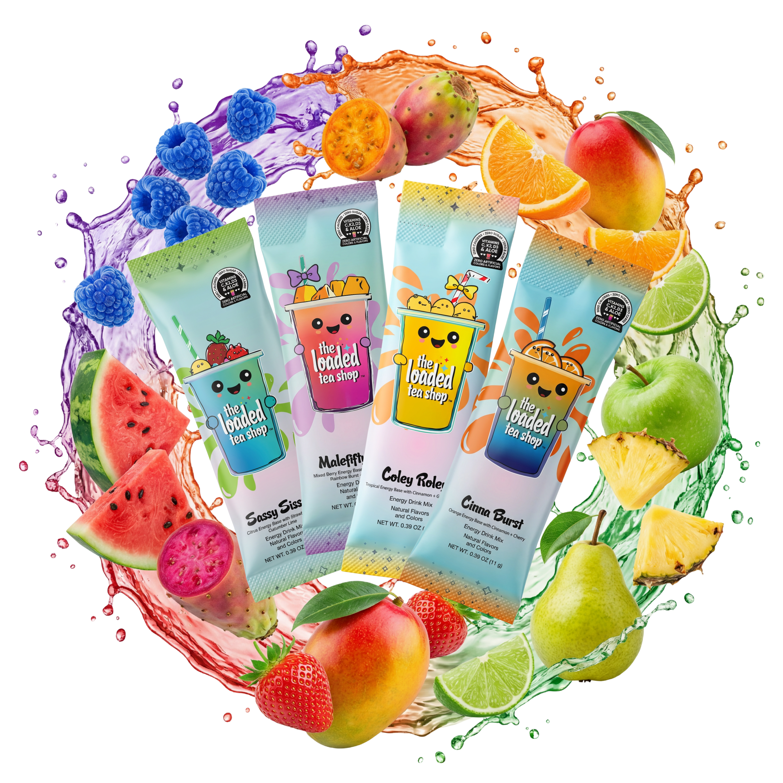 Assorted The Loaded Tea Shop flavor packets and mixed drinks